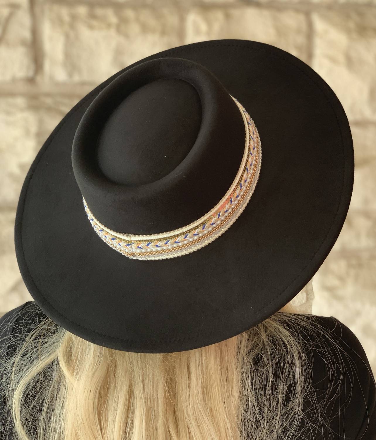 Jen & Co. Women's Blaze Multi Trim Fedora Hat in black - women's hat - detail view