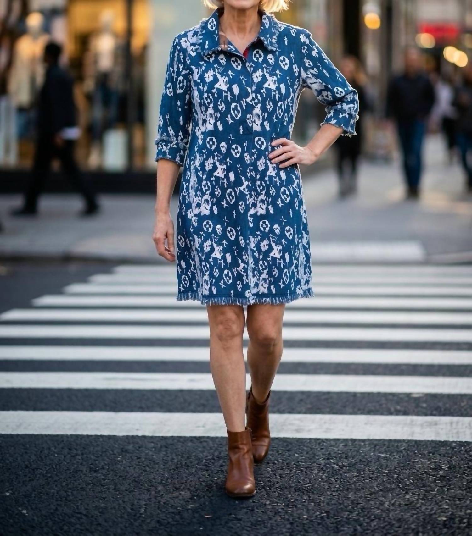 Dizzy-Lizzie NRL denim abstract Chatham dress in lv blue white - women's dress