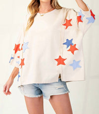 Easel - Soft Washed Star Patches Terry Knit Pullover Top - Plus