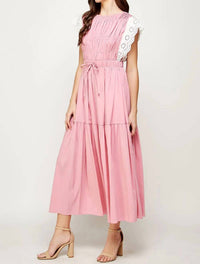 Strut & Bolt Eyelet Trim Tiered Midi Dress in pink - women's dress - detail view