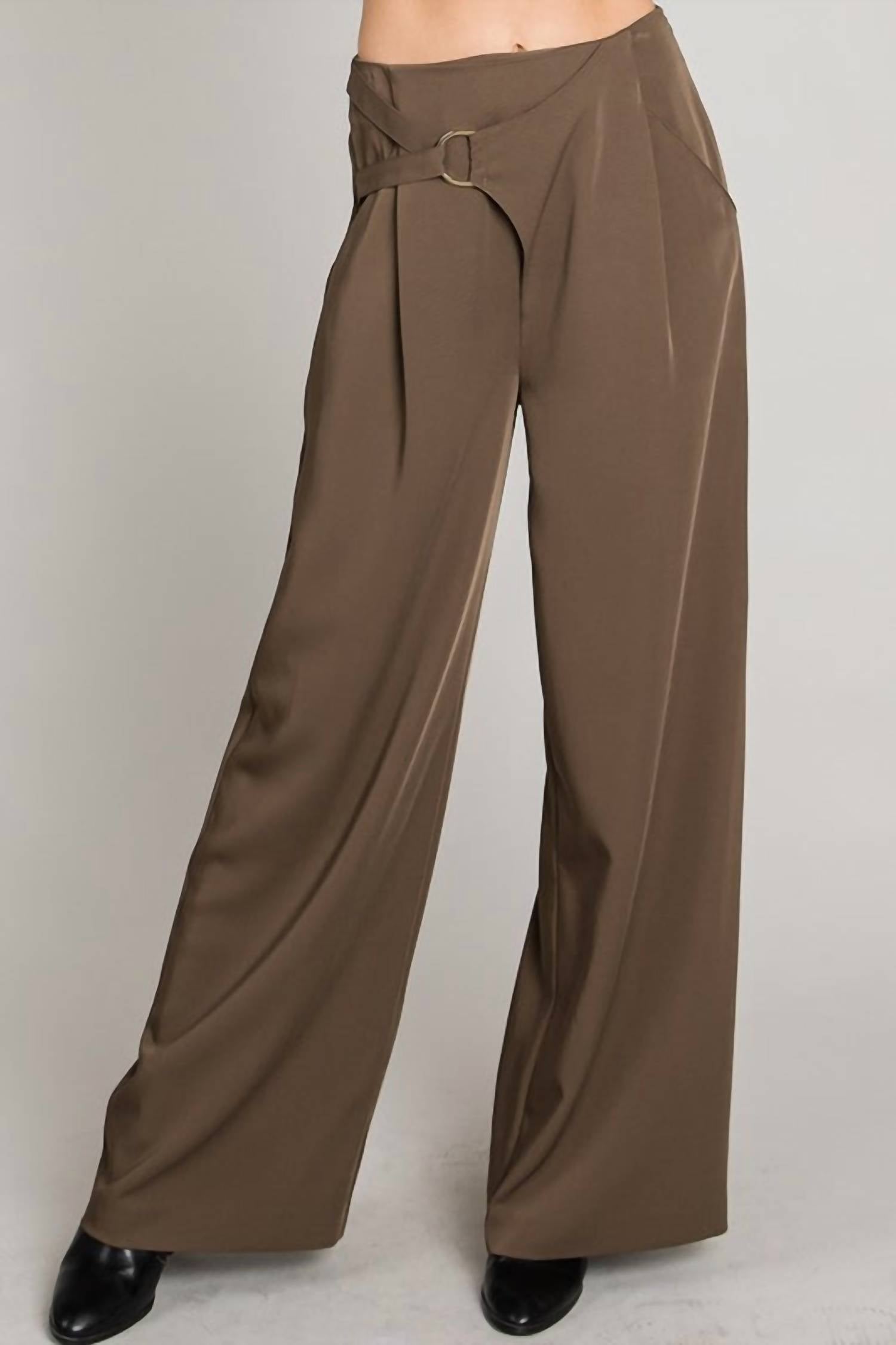 ALLIE ROSE Soft & Drapey Wide Leg Pant in olive brown - women's pants - detail view