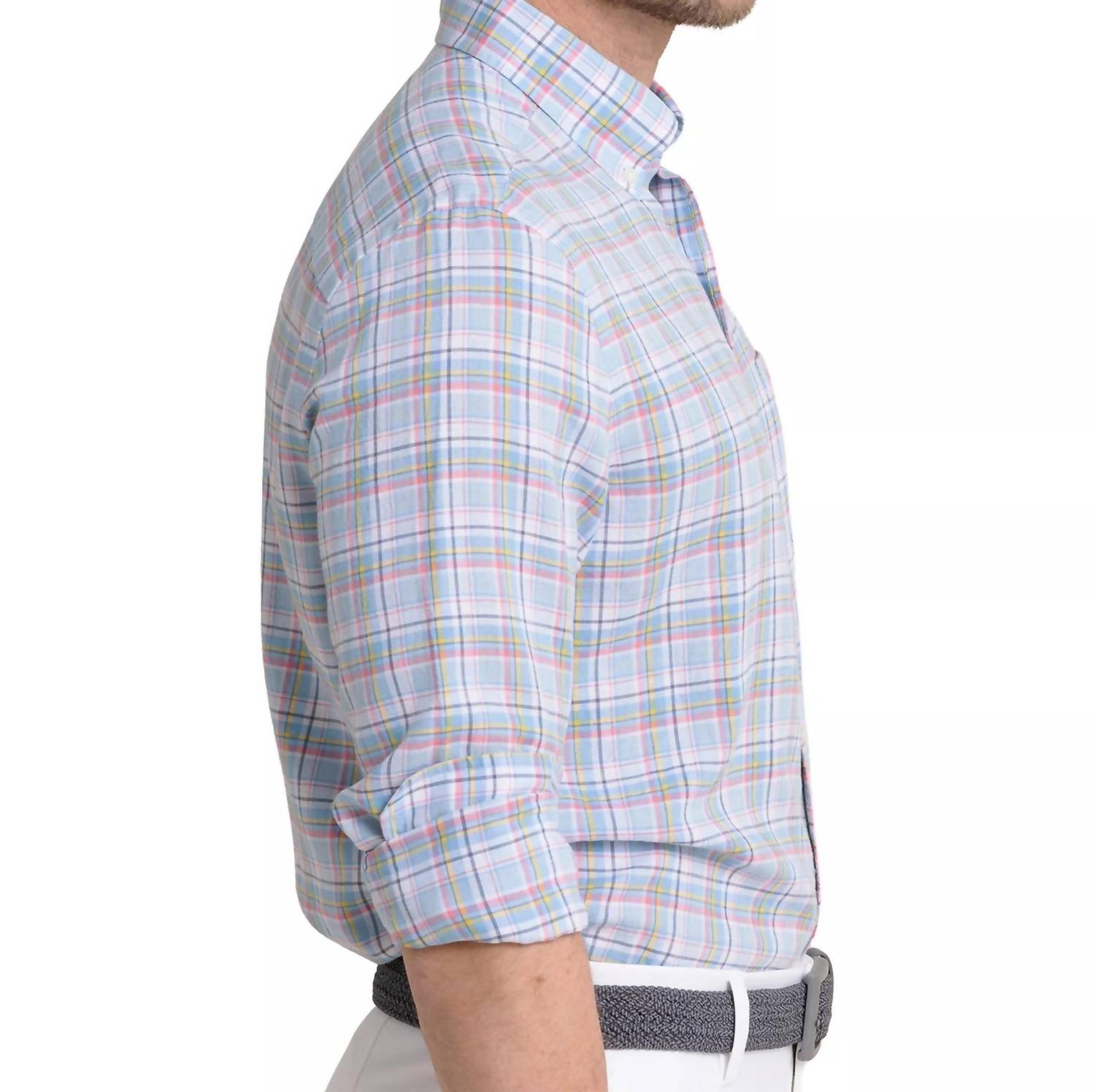 SOUTHERN TIDE Emerald Shores Plaid Headland Long Sleeve Sport Shirt in cerulean - men's shirt - detail view