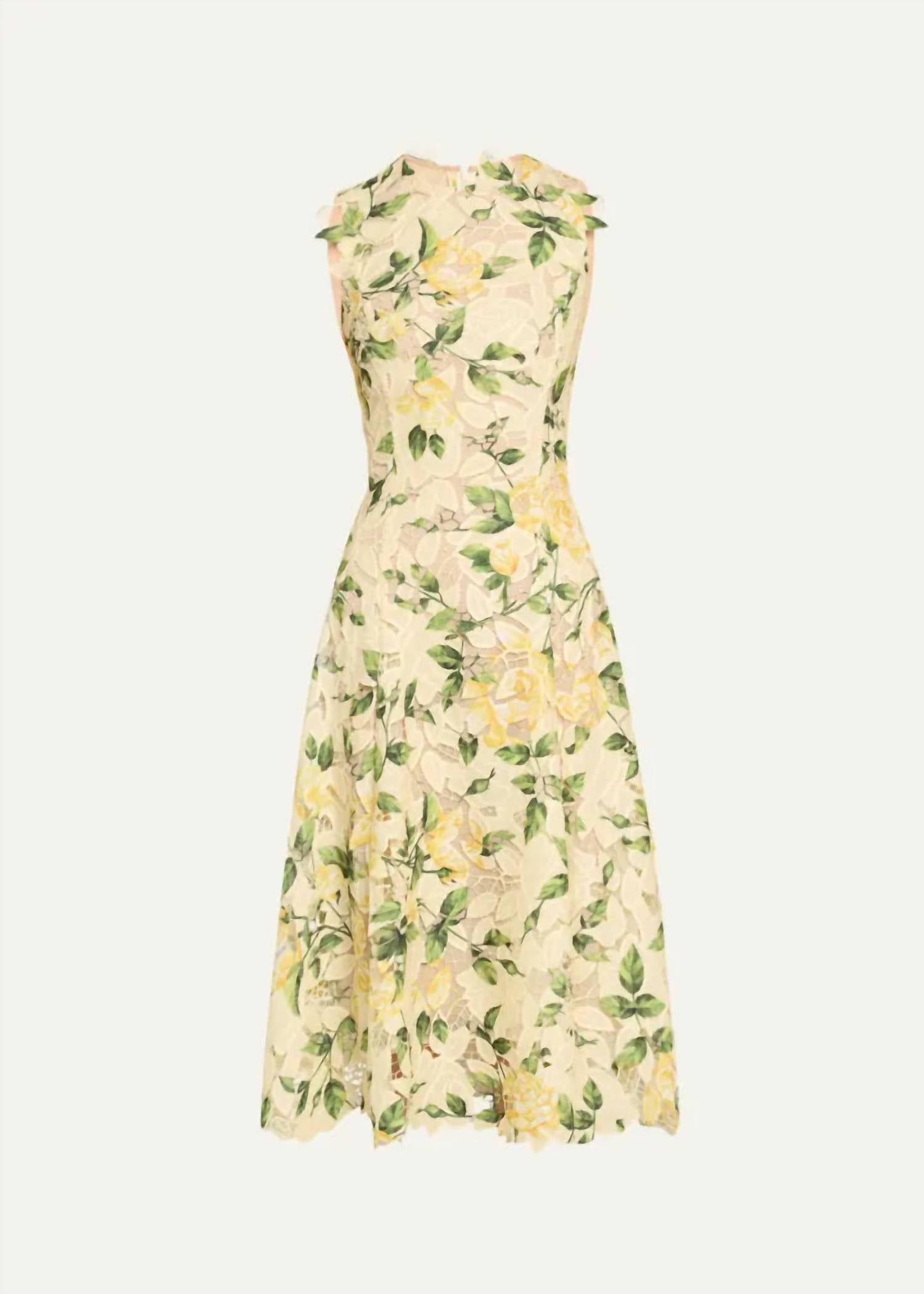 Oscar De La Renta - Sleeveless Printed Garden Rose Guipure Dress