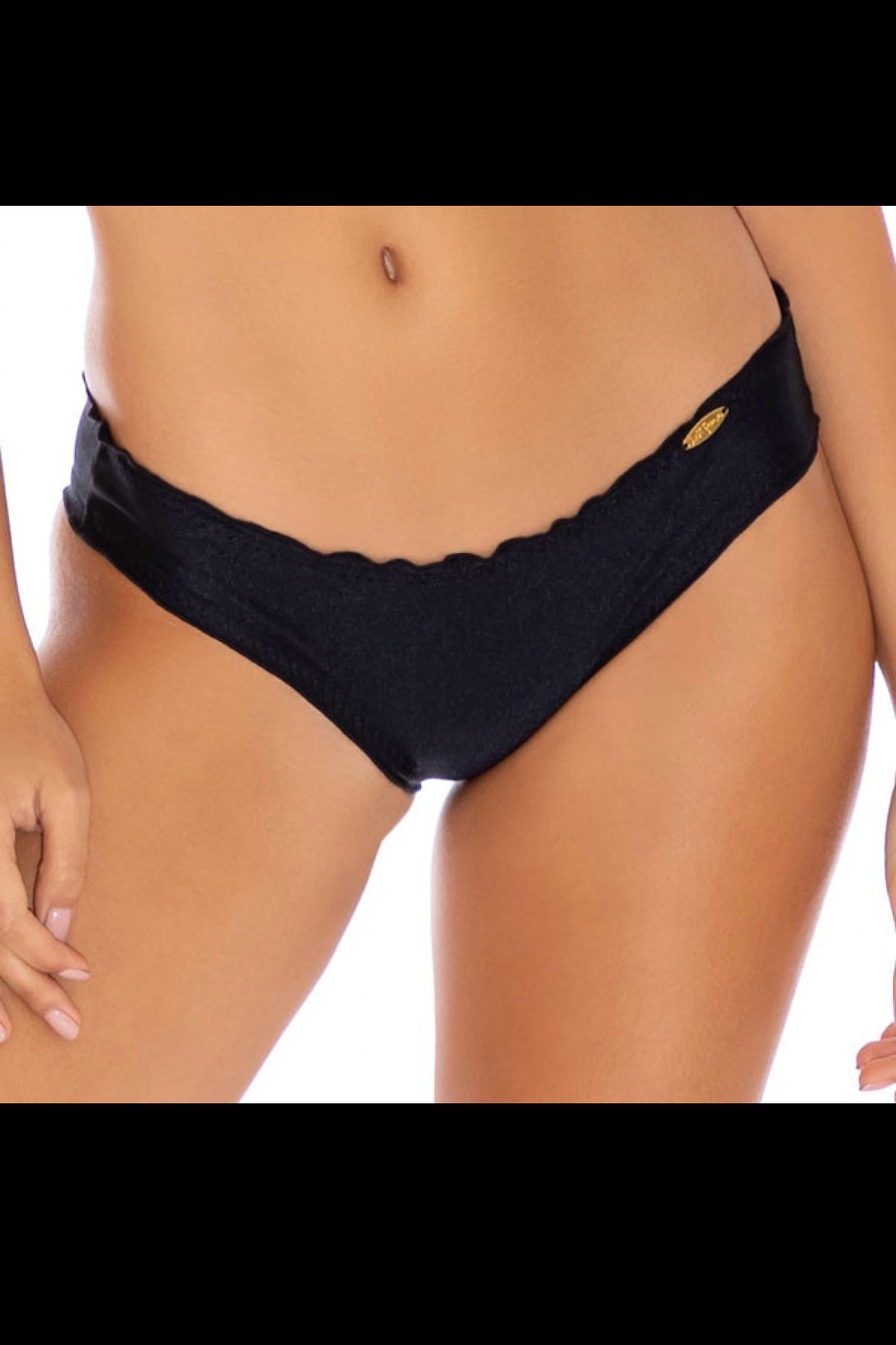 Luli Fama Cosita Buena Wavey Full Ruched Back Bikini Bottom in black - women's swimwear - detail view