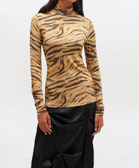 Ganni - Printed Shiny Jersey Turtleneck Top