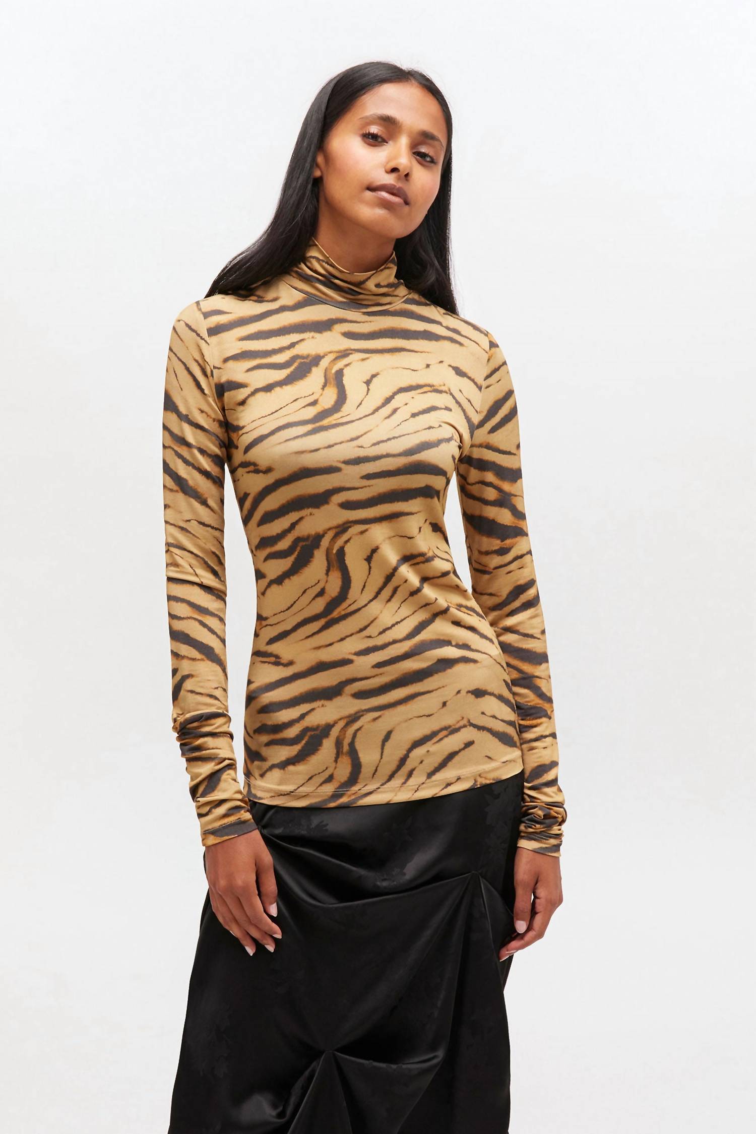 Ganni - Printed Shiny Jersey Turtleneck Top
