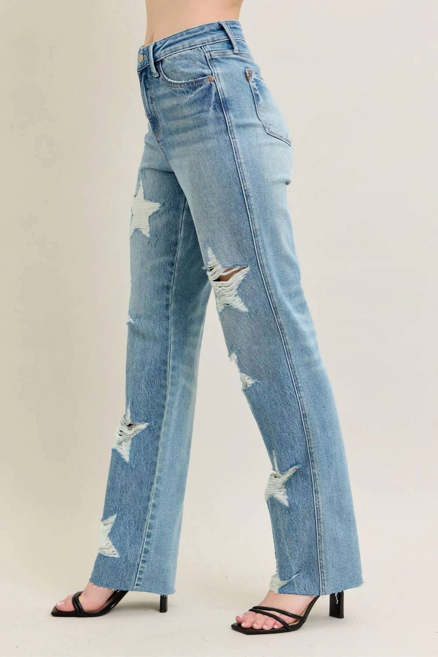 Judy Blue - High Waist Rigid Magic Star Shaped Destroy 90's Straight Leg Jeans