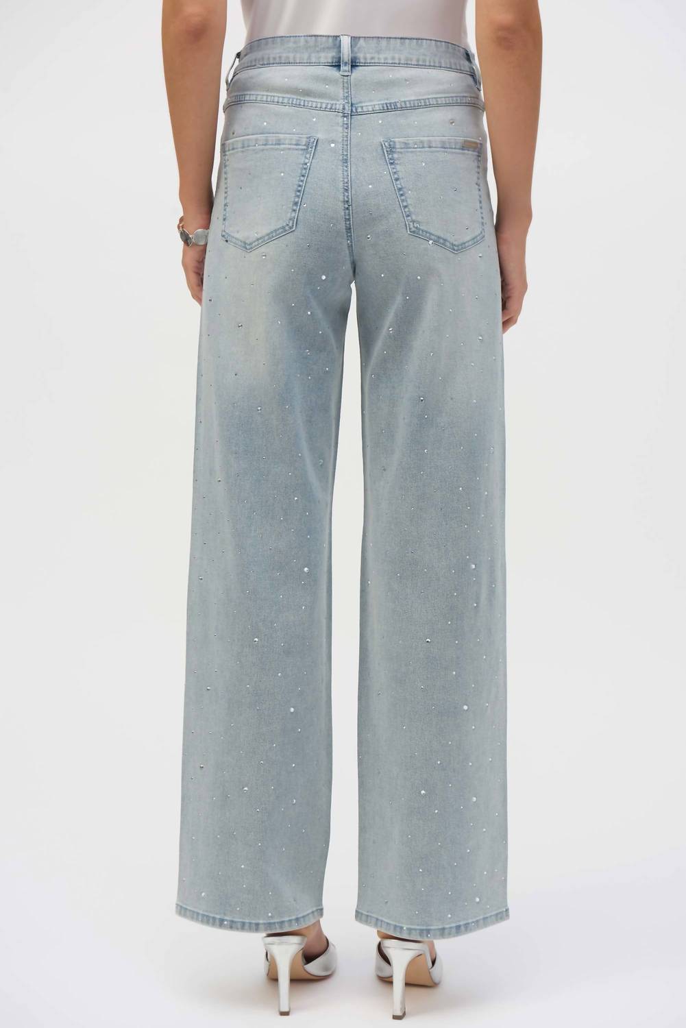 Joseph Ribkoff Classic Wide Leg Stretch Jeans With Crystals in light blue denim - women's jeans - detail view