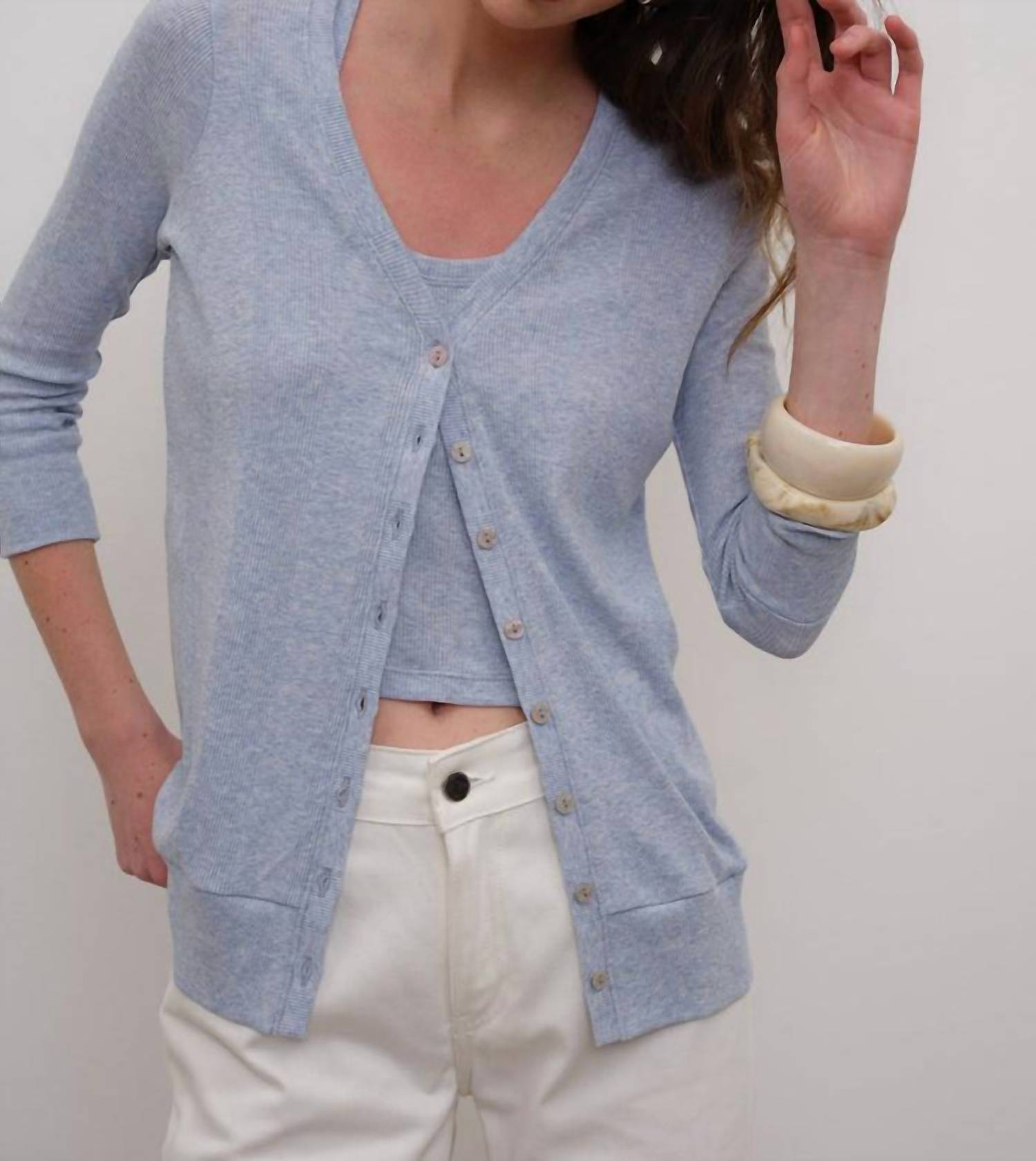 GOLDIE COTTON RIB V NECK CARDIGAN in blue heather - women's cardigan