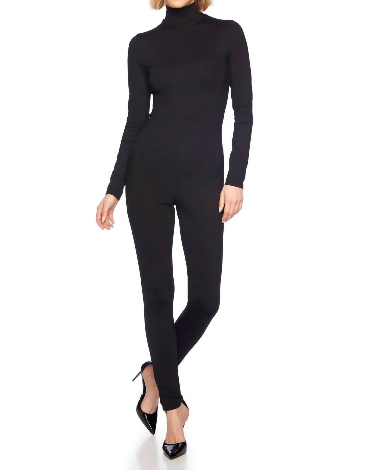 Susana Monaco Mock Neck Long Sleeve Jumpsuit in black - women's pants - detail view