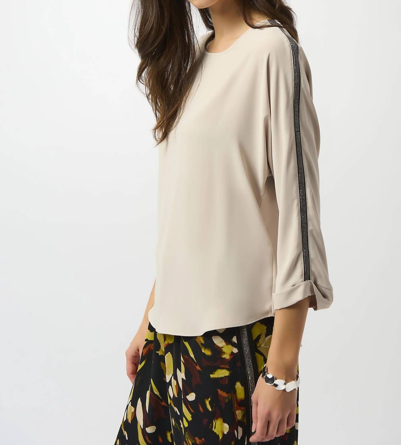 Joseph Ribkoff Embellished 3/4 Sleeves Lightweight Twill Top in moonstone - women's blouse - detail view