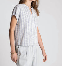 Thread & Supply Zaria Short Sleeve Top in blue white - women's blouse - detail view