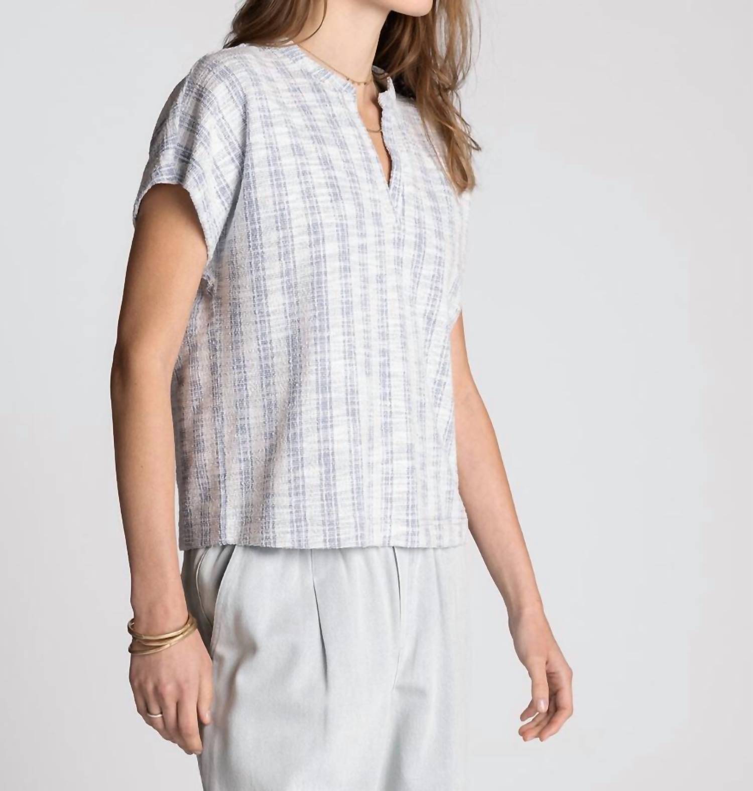 Thread & Supply Zaria Short Sleeve Top in blue white - women's blouse - detail view