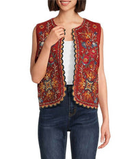 JOHN MARK Embroidered Velvet Beaded Floral Patchwork Vest in terracotta - women's jacket