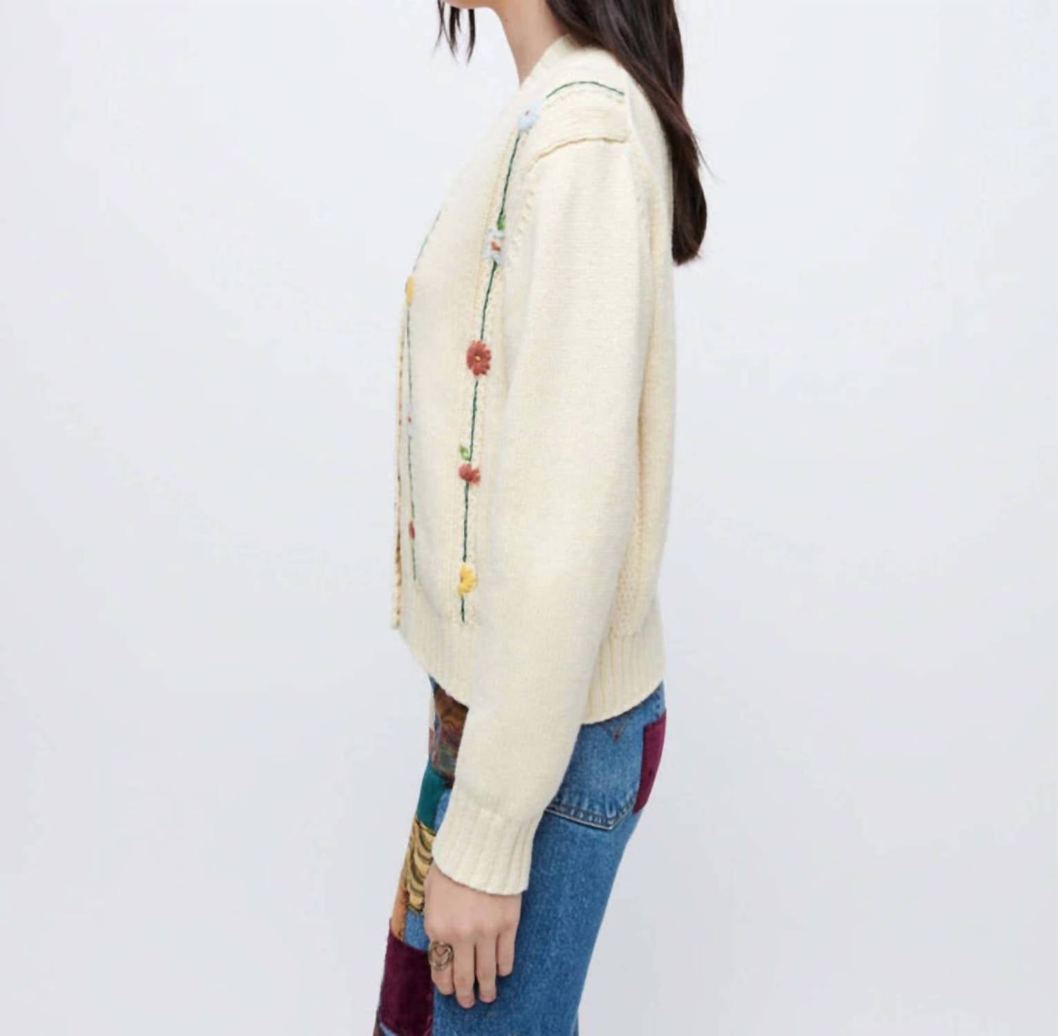 Re/Done - Pre-loved 50s V-neck Cardigan With Floral Embroidered Vines