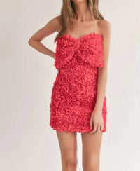 Klesis - Floral Applique Mini Dress With Front Large Bow