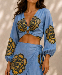 Mystery Resort - Azure Bloom Long Sleeve Maxi Skirt Set