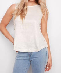 CHARLIE B Sleeveless Foil Print Linen Top in champagne - women's tank top
