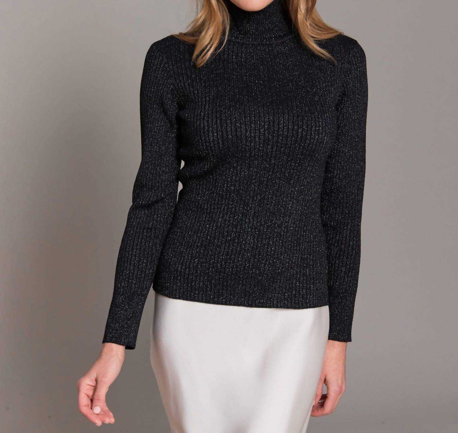 Alashan Cashmere Fine Marino Mitra Lurex Rib Turtle Neck Top in black - women's sweater