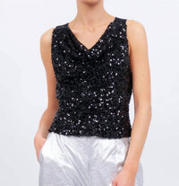 Central Park West Knit Sequin Cowl Tank in black - women's tank top