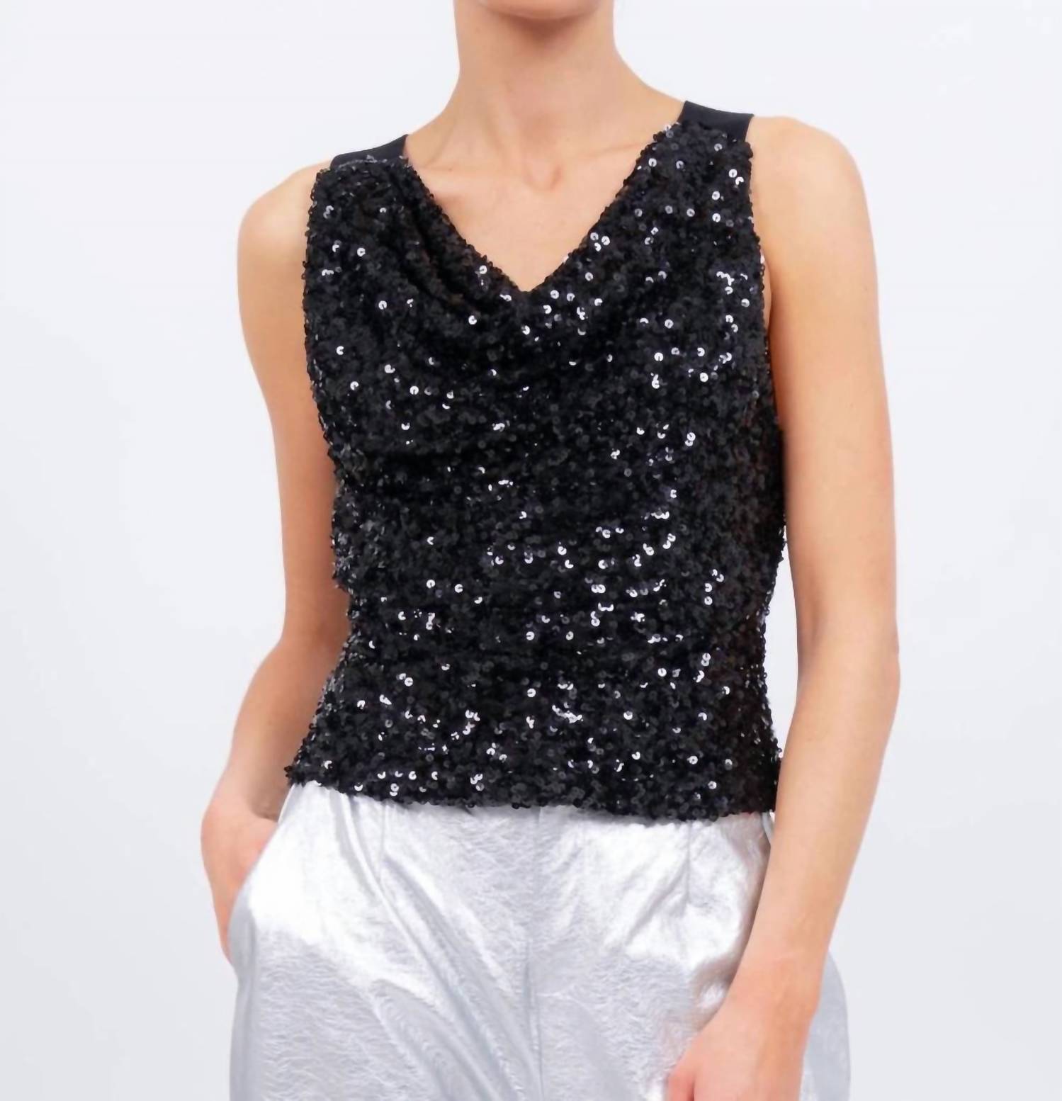 Central Park West Knit Sequin Cowl Tank in black - women's tank top