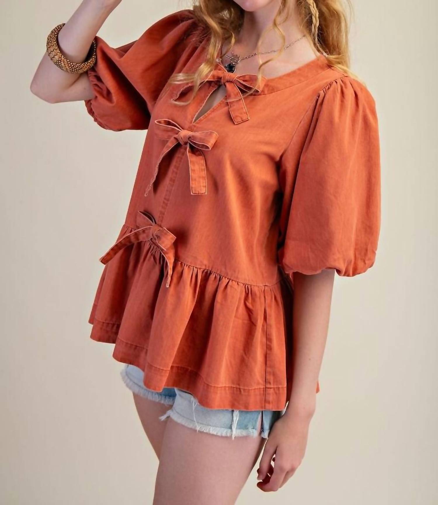Easel - Bow Front Denim Peplum Blouse