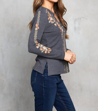 PAPARAZZI Thermal Knit Embroidered Henley Top in charcoal - women's blouse - view 7