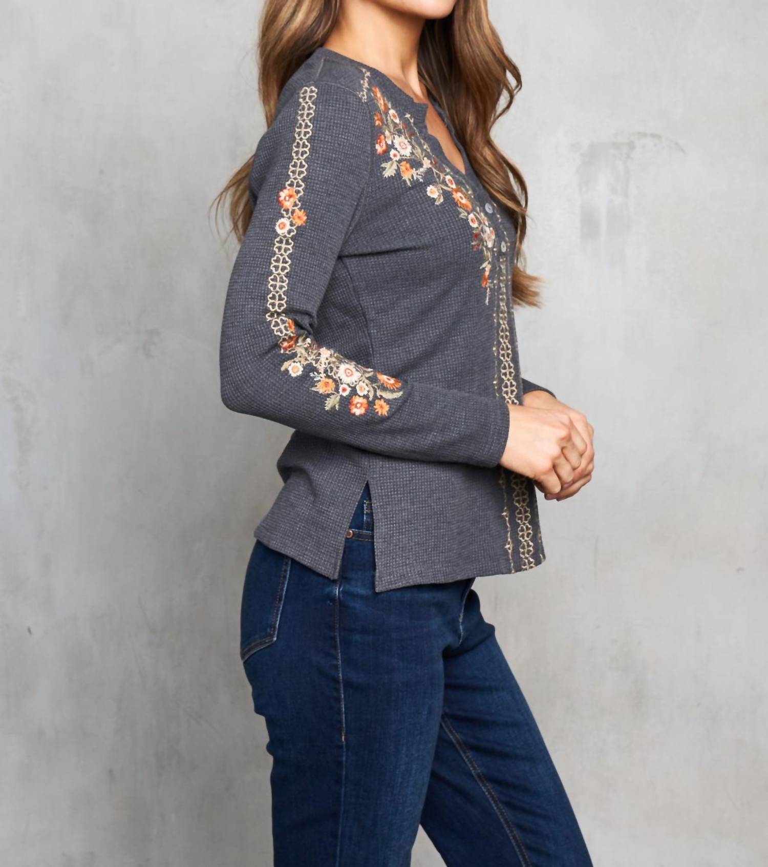 PAPARAZZI Thermal Knit Embroidered Henley Top in charcoal - women's blouse - view 7