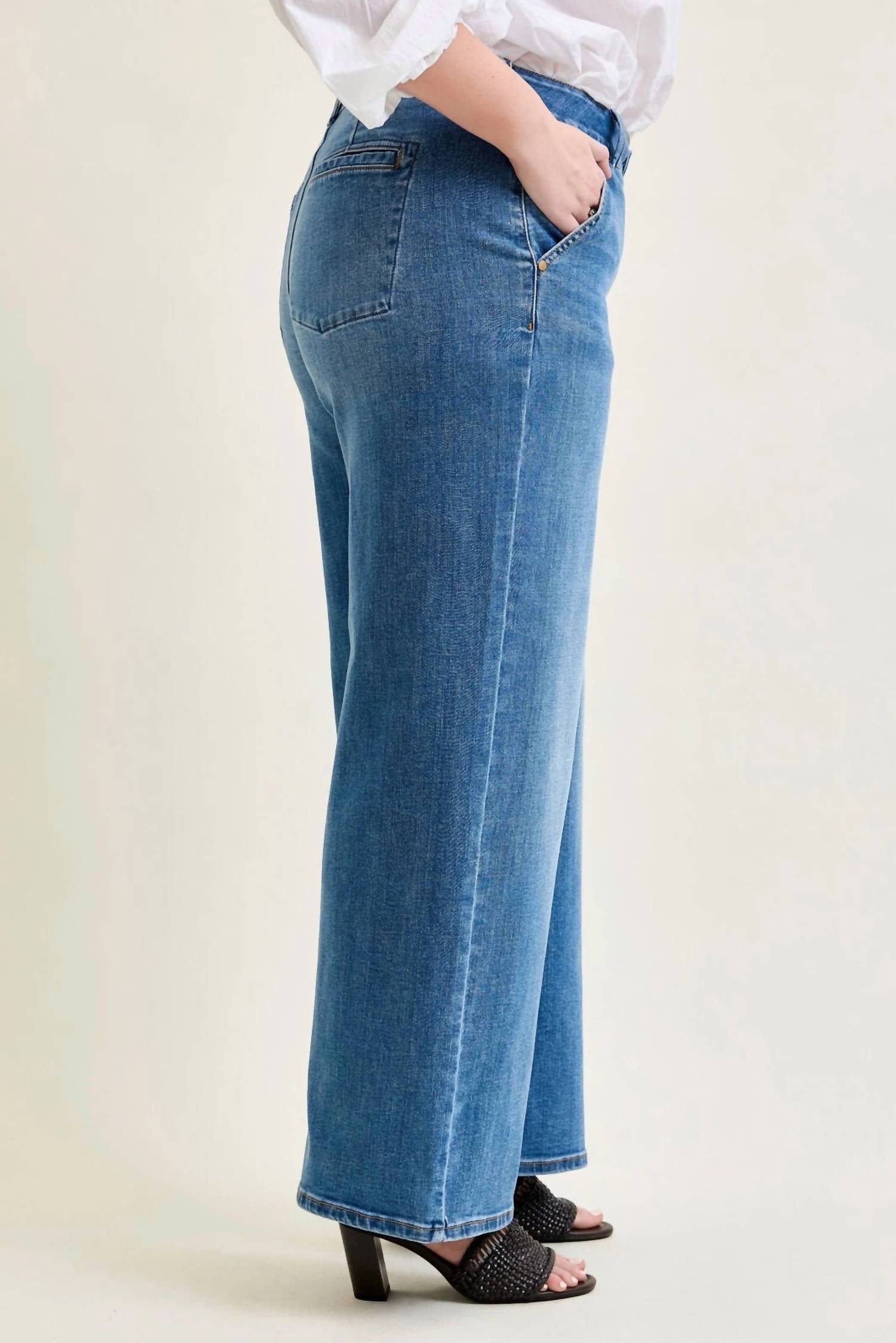 Judy Blue High Waist Trouser Column Jeans - Petite in medium wash - women's jeans - alternate view