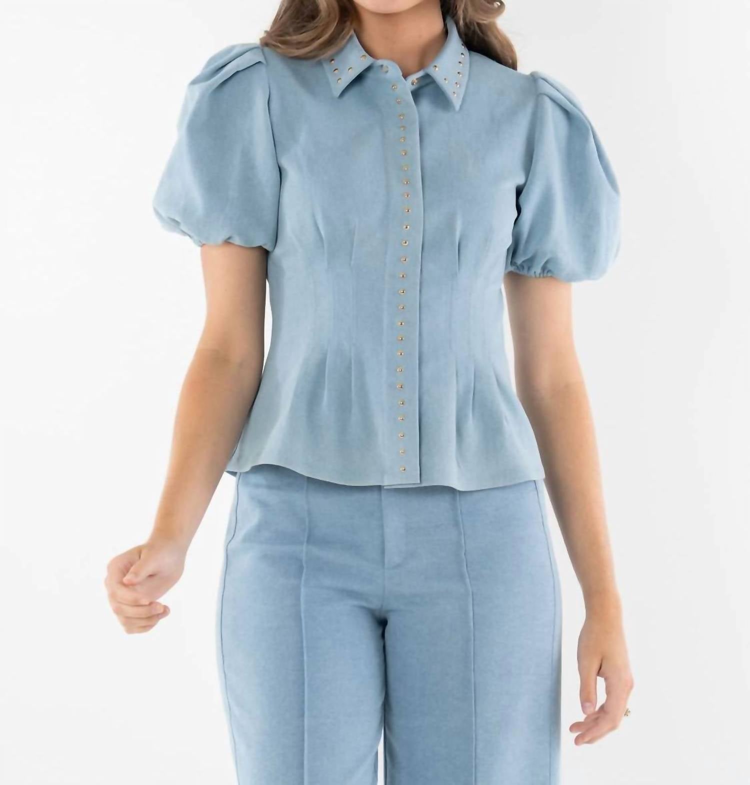 Emily McCarthy Britt Puff Sleeves Top in denim 1 - women's blouse
