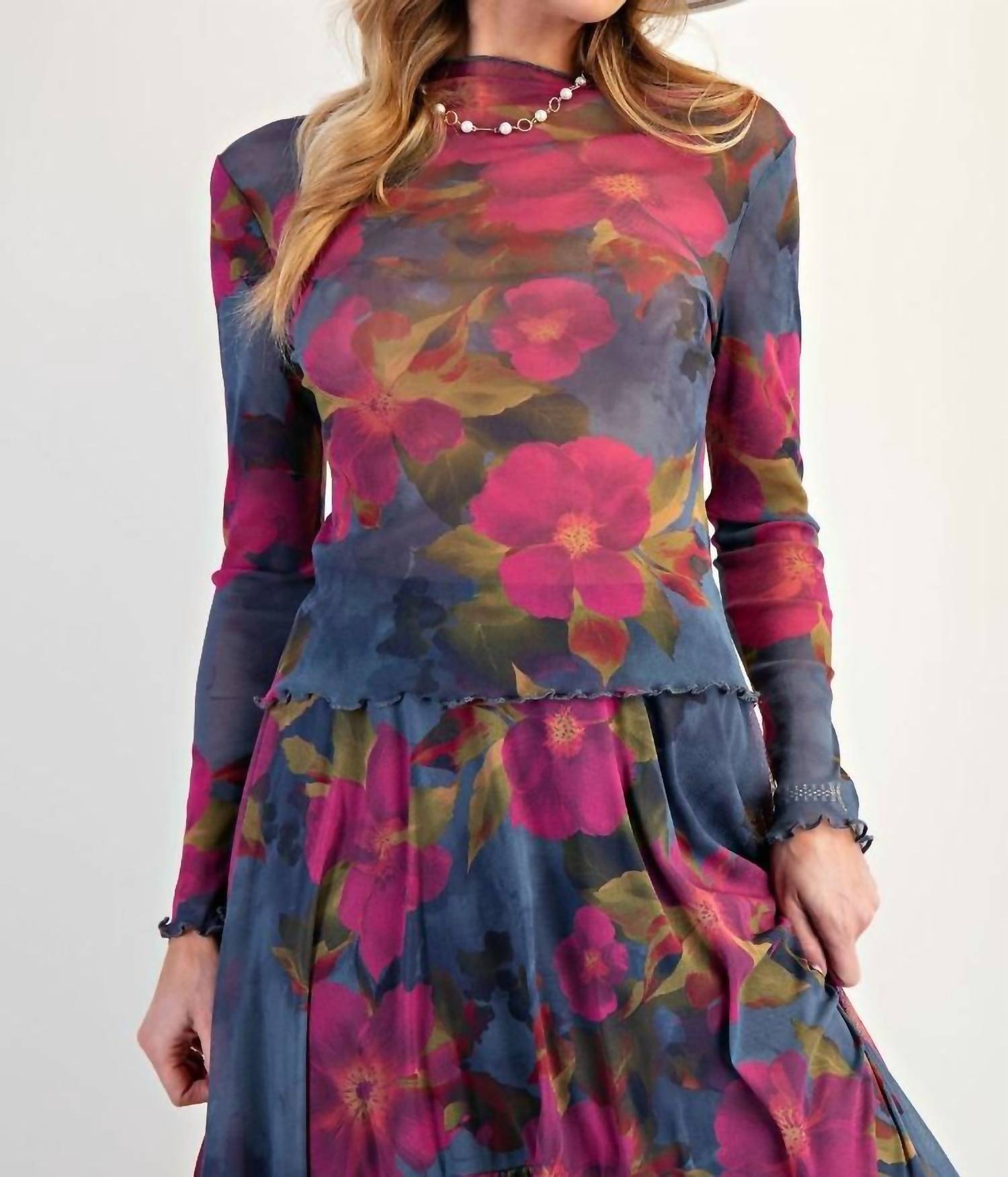 Easel Floral Mesh Fitted Top in indigo magenta - women's long sleeve top