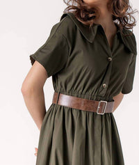 Urban Daizy Exaggerated Collar Spring Shirt Belted Midi Dress in olive - women's dress - alternate view