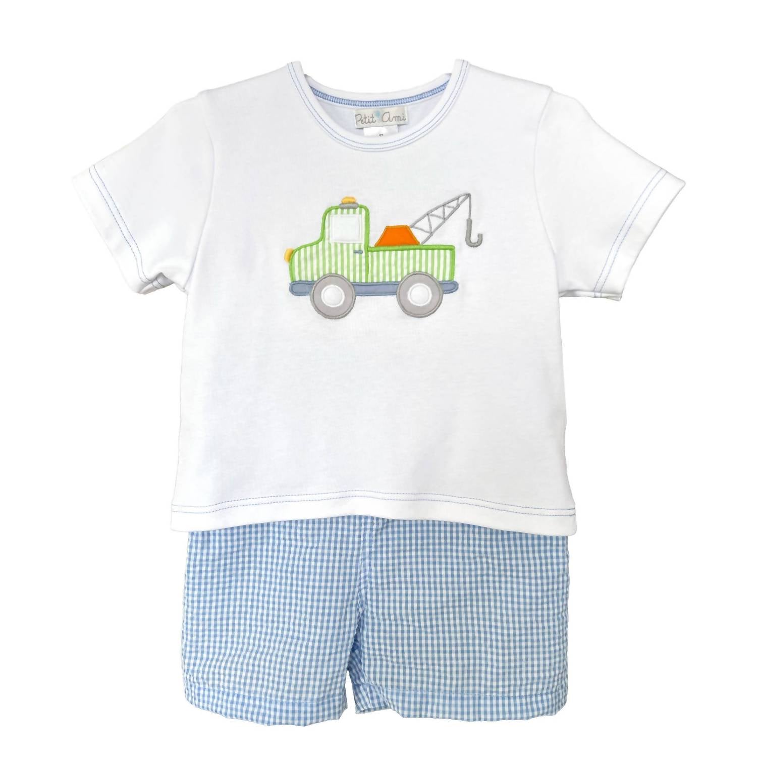 Petit Ami Zubels - Boys Shirt And Shorts Set With Tow Truck Applique