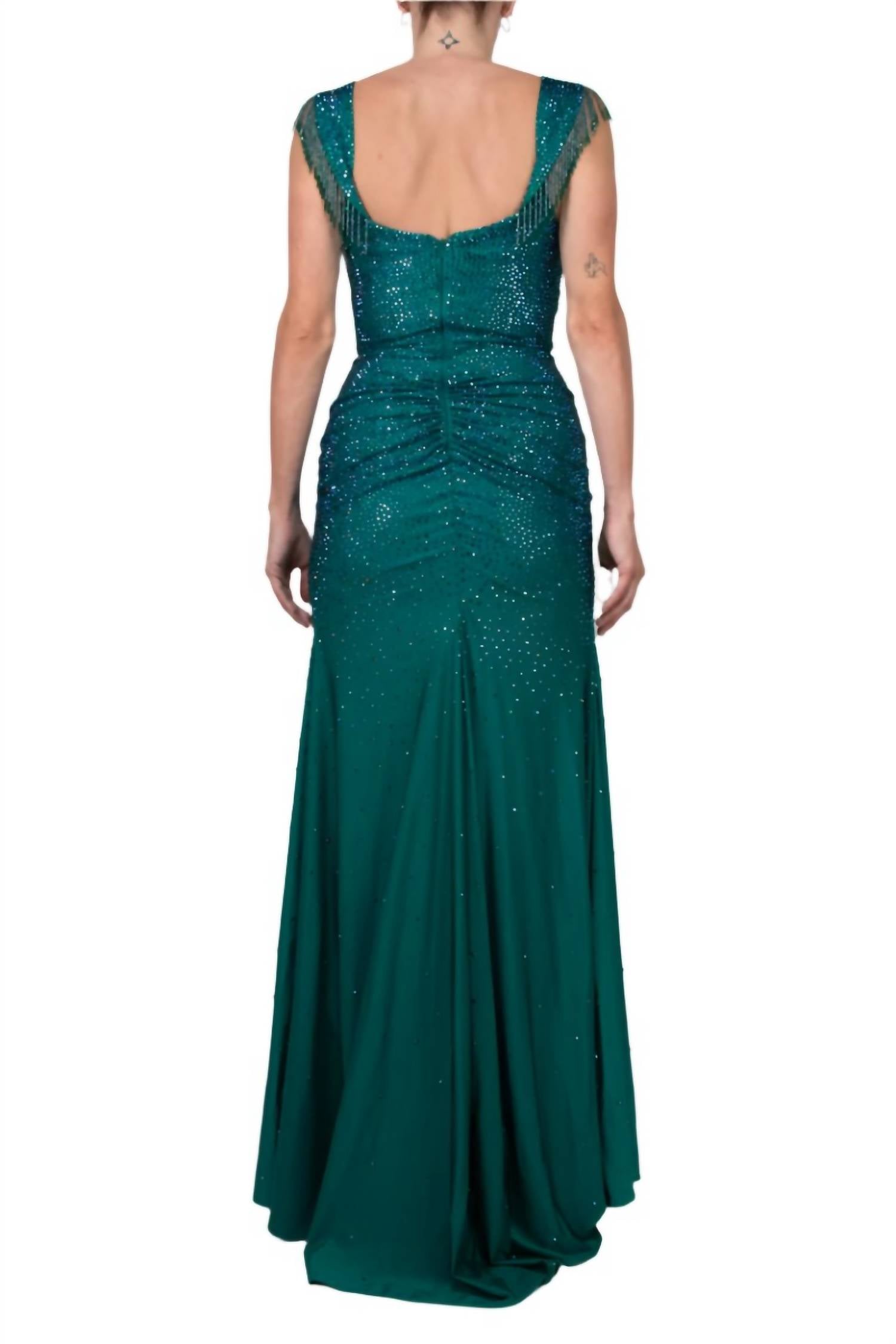 Colors Dress - Long Crystal Off The Shoulder Fringe Slit Gown