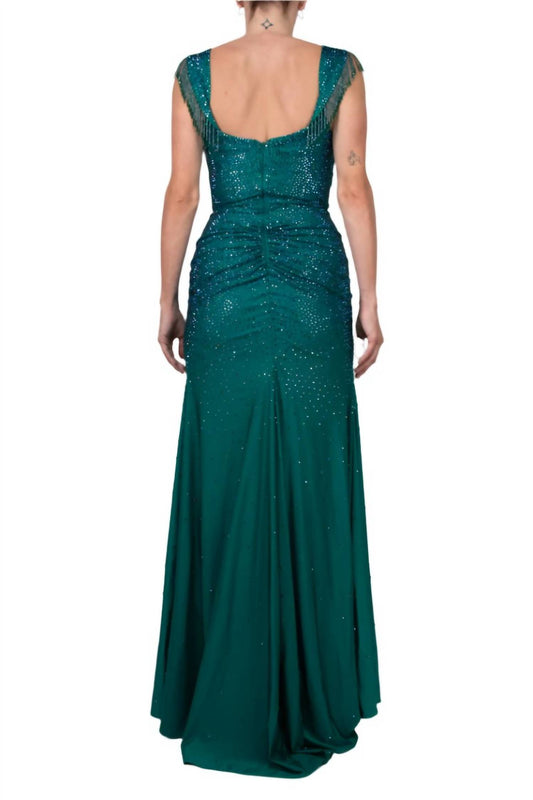 Colors Dress - Long Crystal Off The Shoulder Fringe Slit Gown