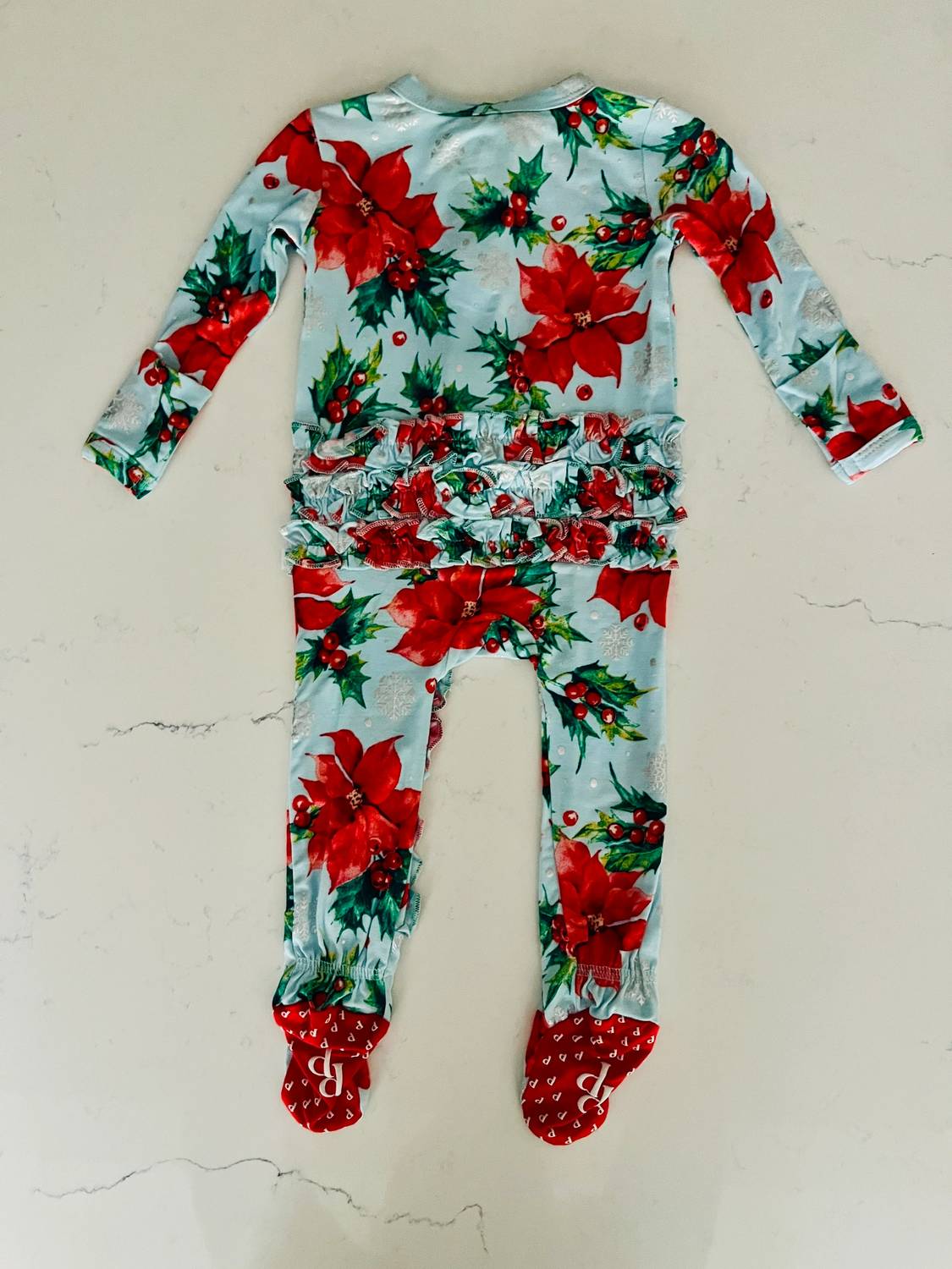 Posh Peanut - Baby Girls Poinsettia Zippered One Piece Footie