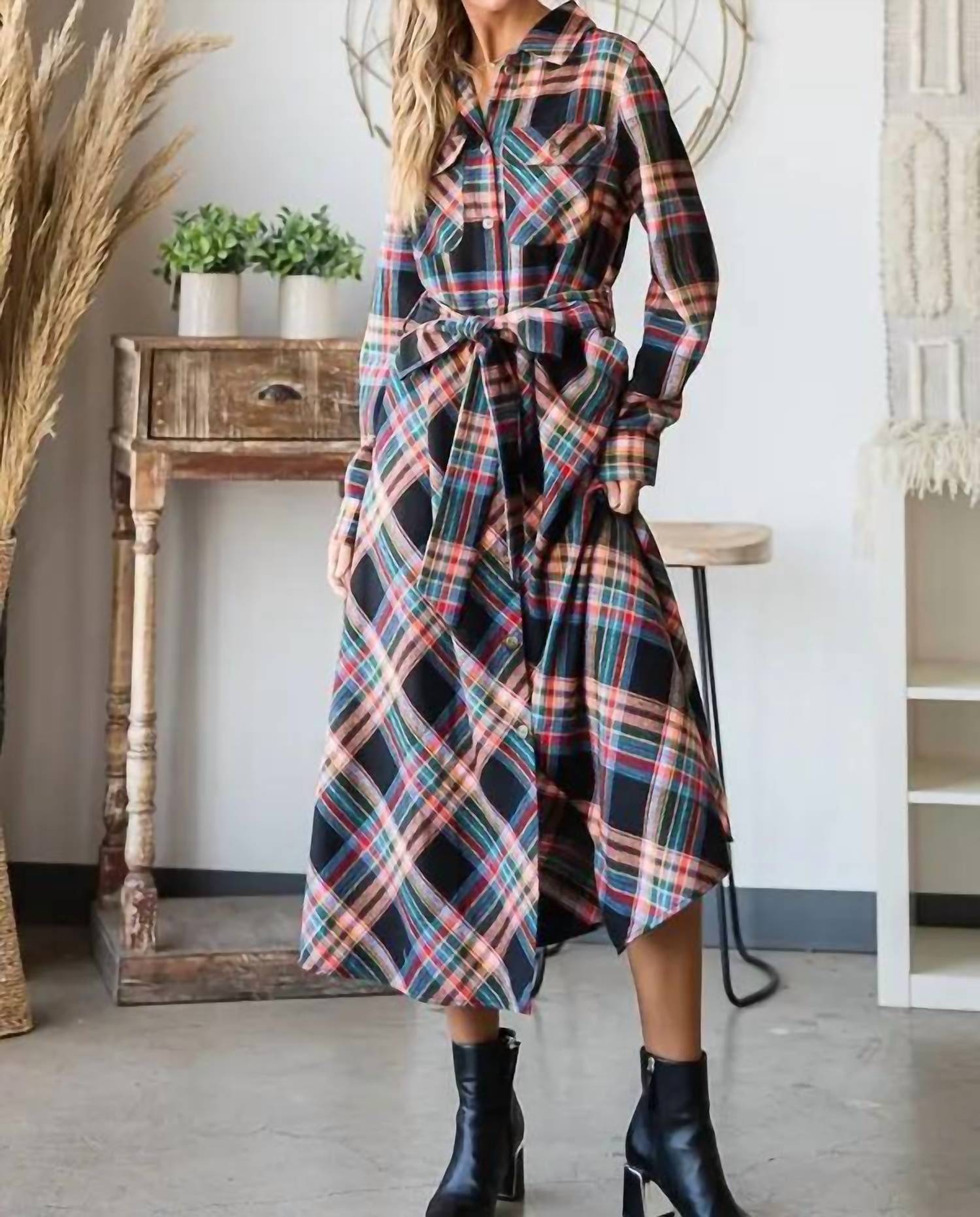 Jade By Jane - Plaid Belted Long Shirt Dress - Plus