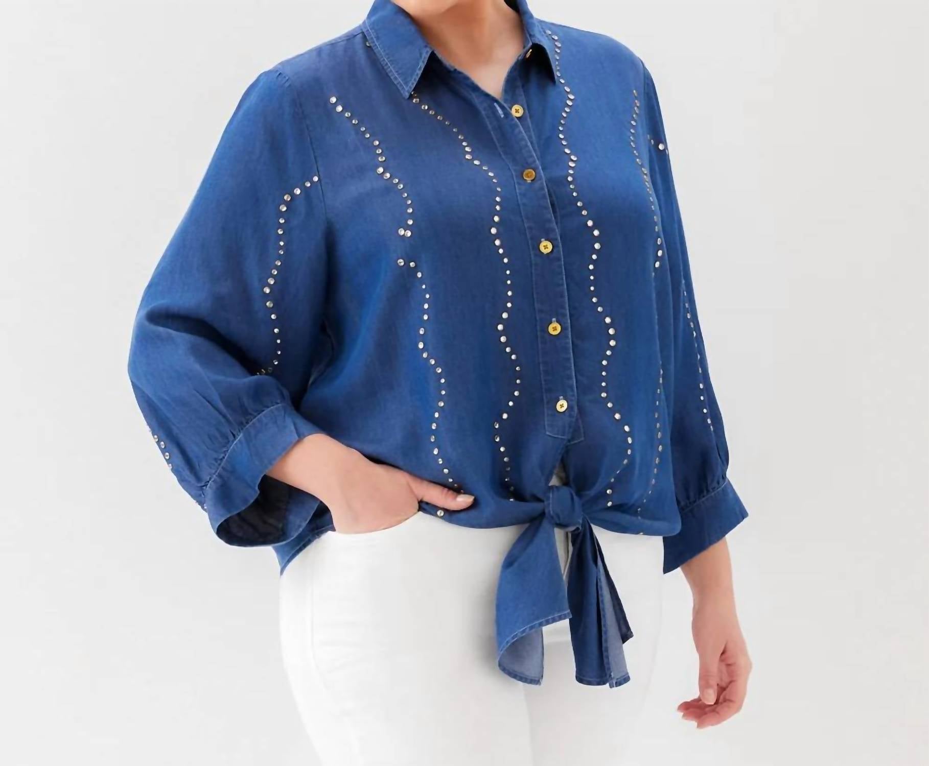 Karen Kane - Blouson Sleeve Gemstone Denim Shirt - Plus