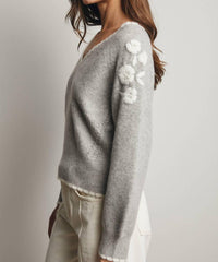 Forte - Floral Applique V-Neck Sweater