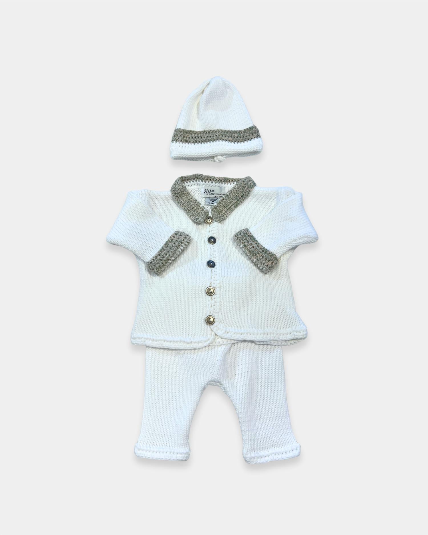 Gita - Boy's 2pc Sweater With Soft Green/beige Tweed Collar & Cuff With Hat