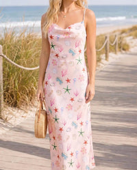 Main Strip - Seashell Coastal Print Slip Midi Dress