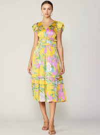 Current Air - Marigold Multi Floral Print Pleated Midi Dress