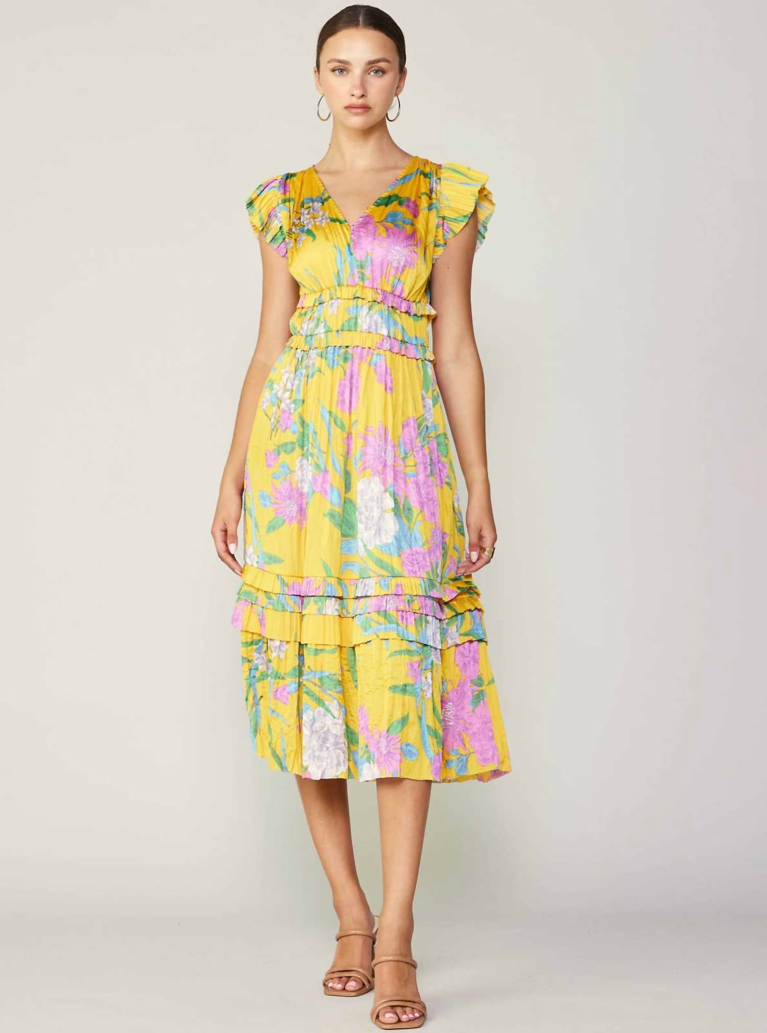Current Air - Marigold Multi Floral Print Pleated Midi Dress