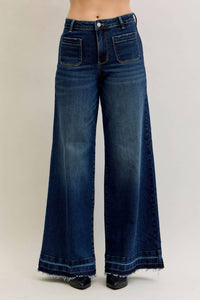 Judy Blue High Waist Palazzo Front Patch Pockets Jeans in dark wash - women's jeans