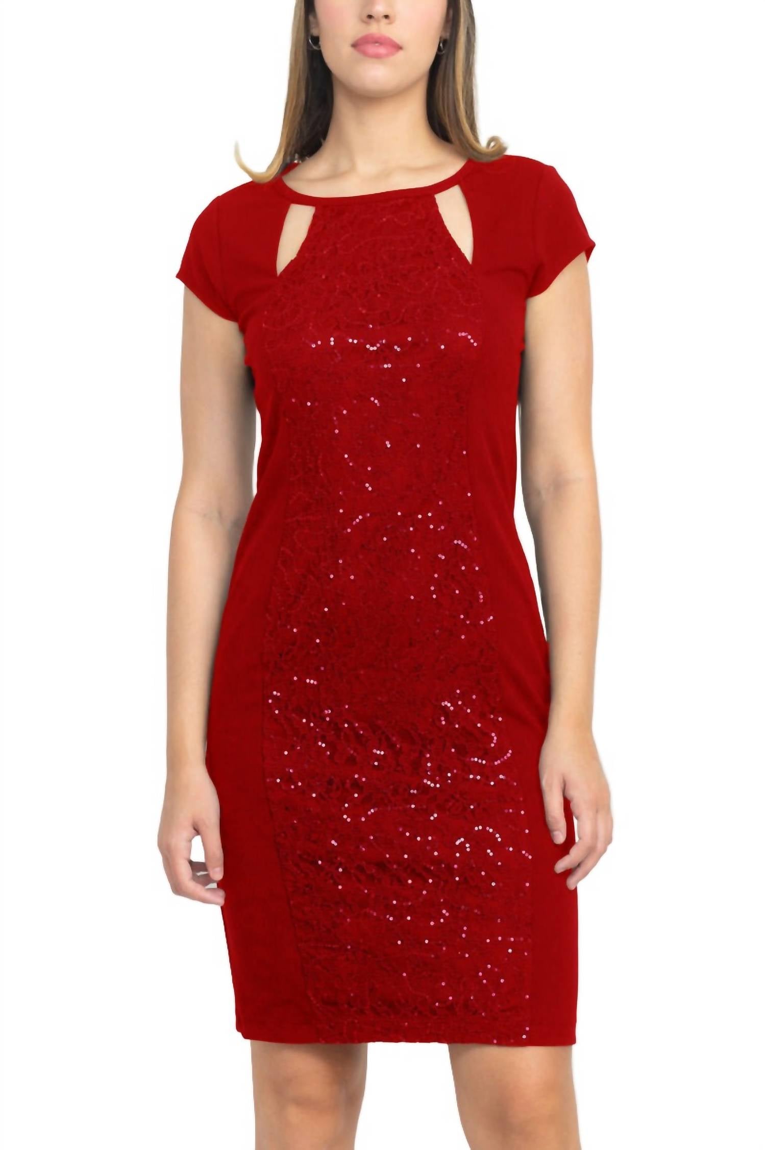 S.L. Fashions - Cutout Crew Neck Lace Panel Crepe Dress