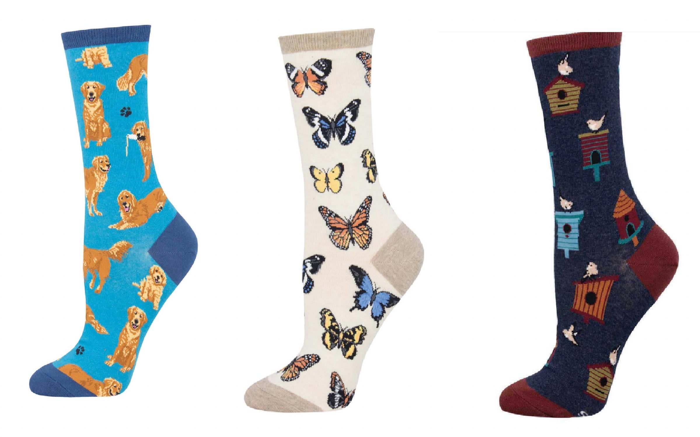 SOCKSMITH Women's Golden Retrievers & Majestic Butterflies & Birdhouses Socks - Set Of 3 Pair in multi - women's accessory