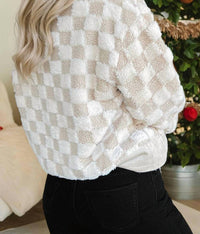 1 The Woman - Checker Sherpa Corduroy Patchwork Half Zip Sweater