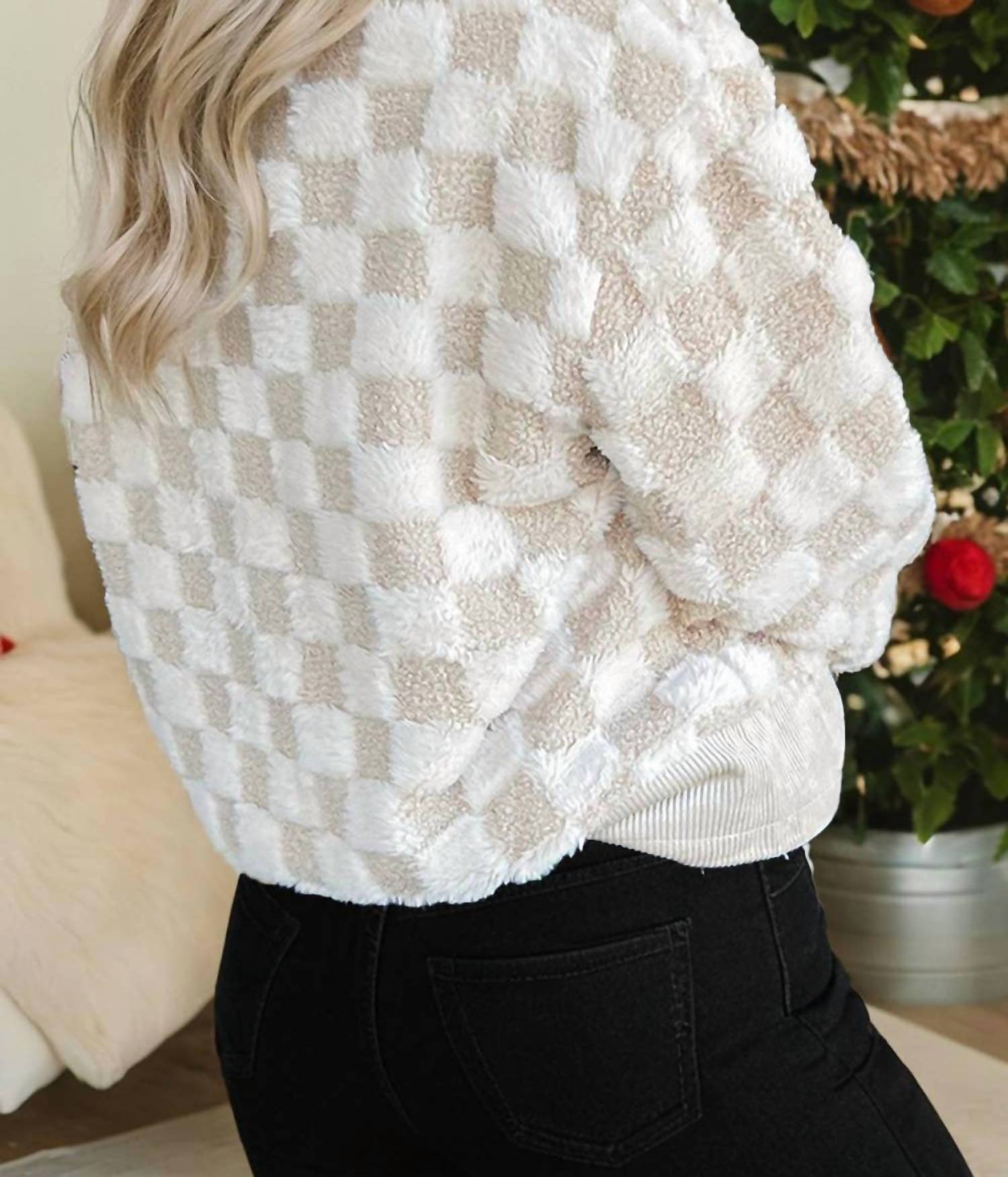 1 The Woman - Checker Sherpa Corduroy Patchwork Half Zip Sweater
