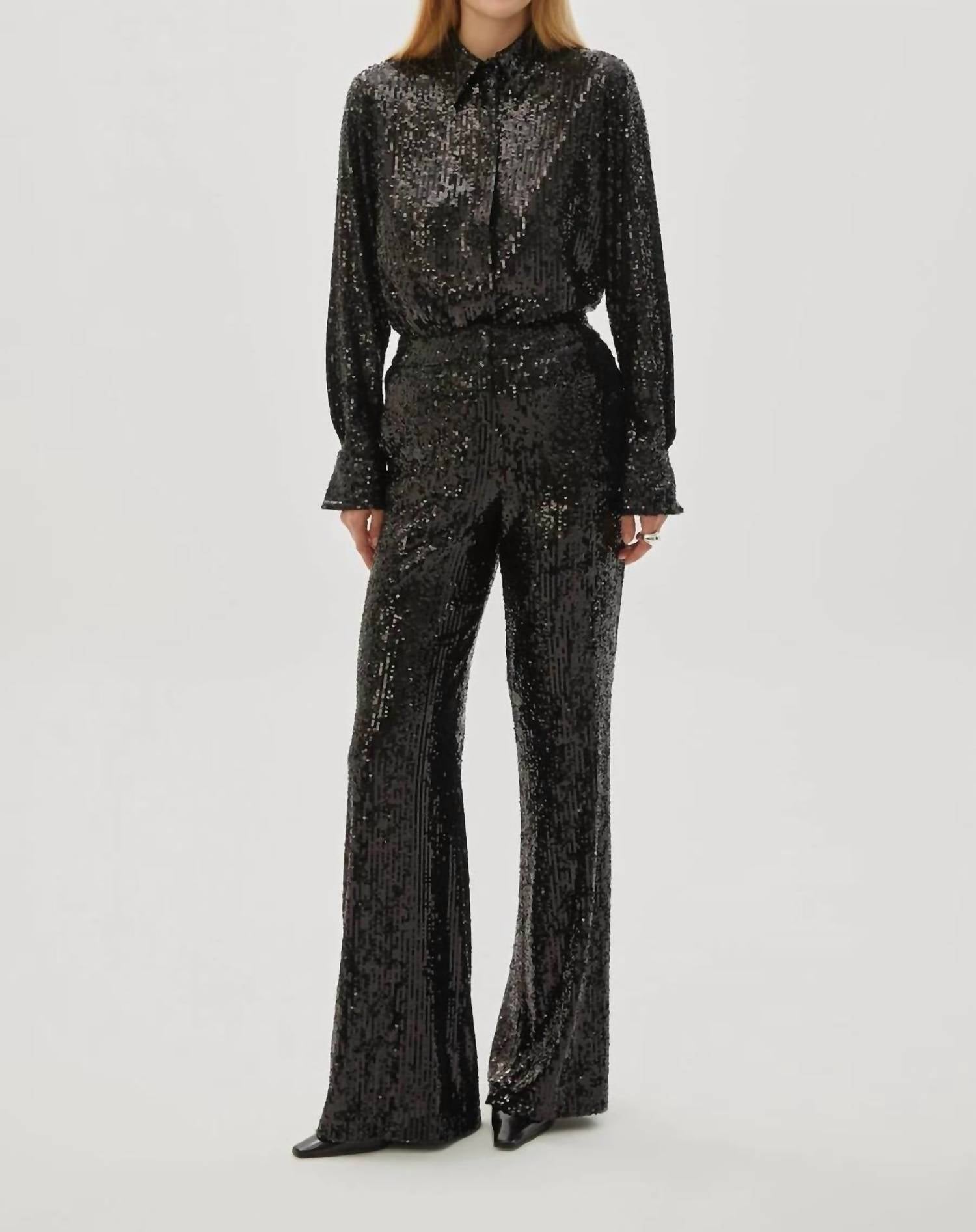 Exquise - Regular Sequin Embellished Lined Wide Leg Pants