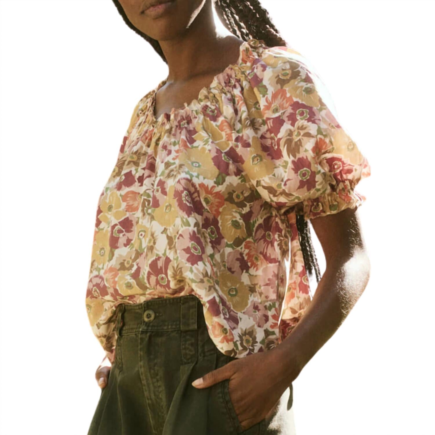 THE GREAT. Women's The Garland Top in golden lilac flower - women's blouse - alternate view